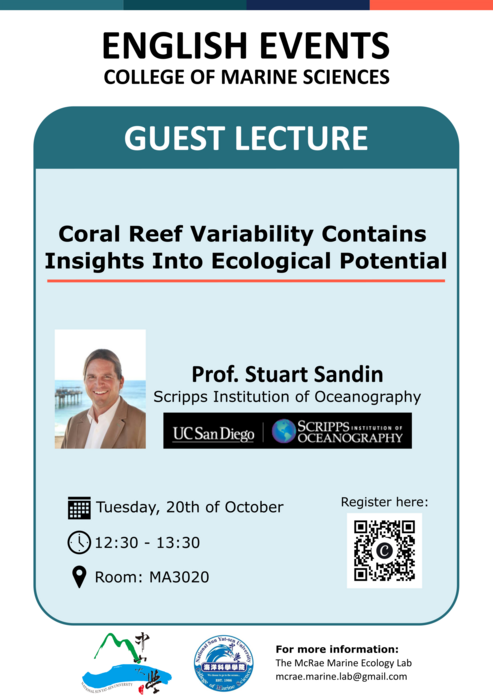 【學術活動】轉知院訊息 10/20 Prof. Stuart Sandin-Coral Reef Variability Contains Insights into Ecological Potential圖片